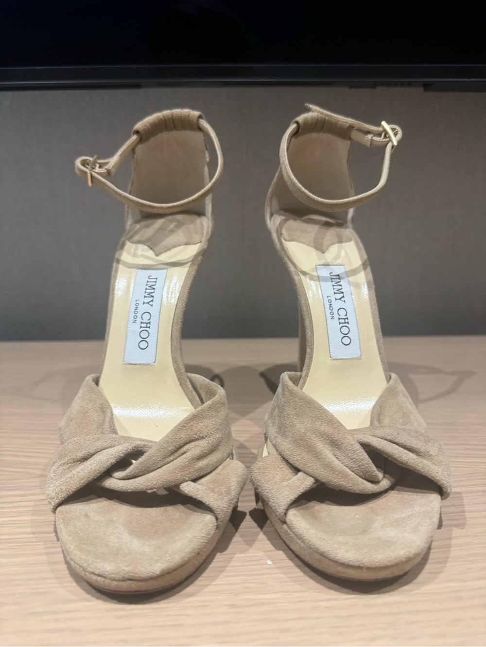 Jimmy Choo Taupe Suede Knotted Ankle-Strap Heels